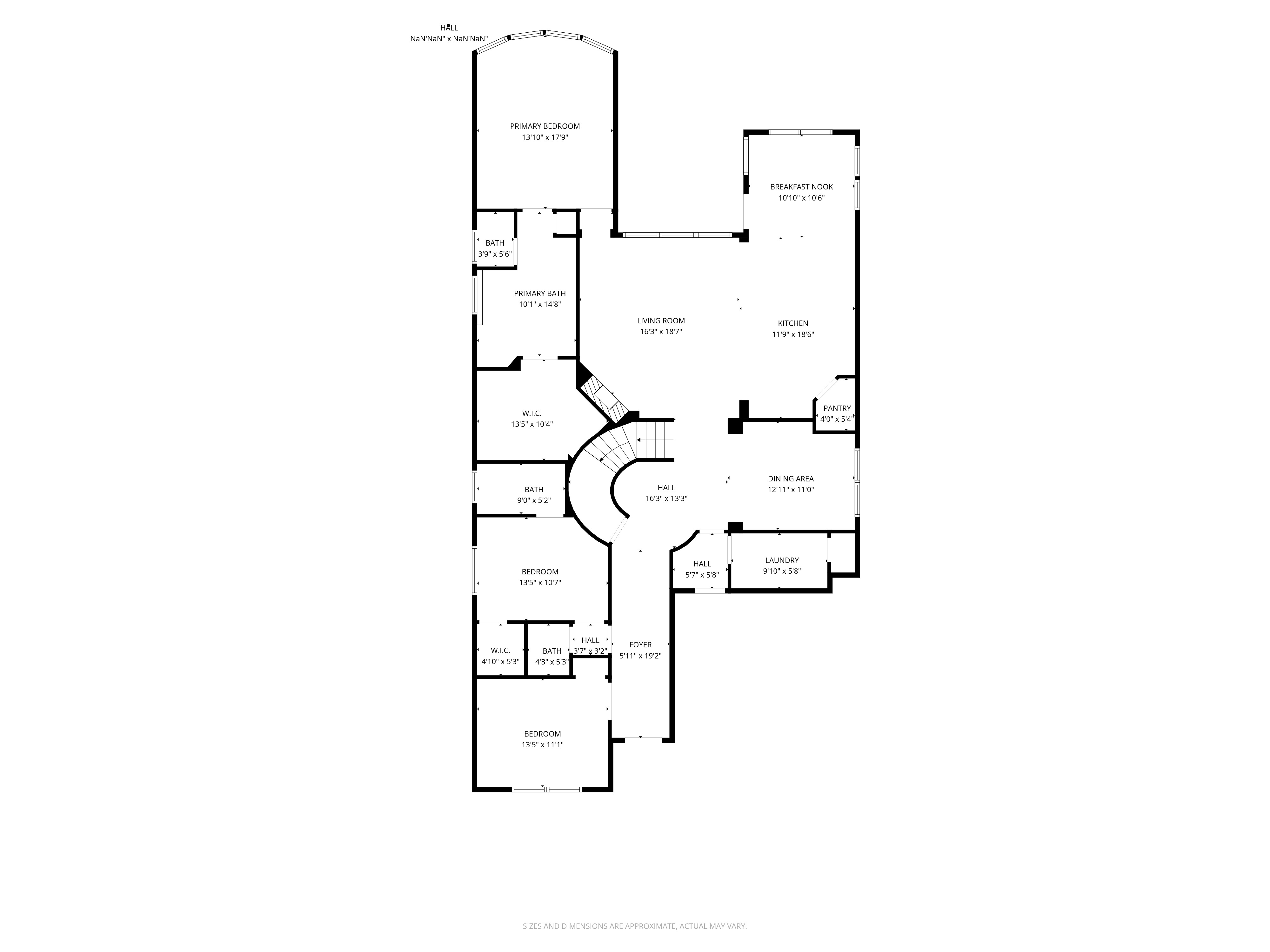 First floor plan showing living areas, kitchen, primary suite, and garage