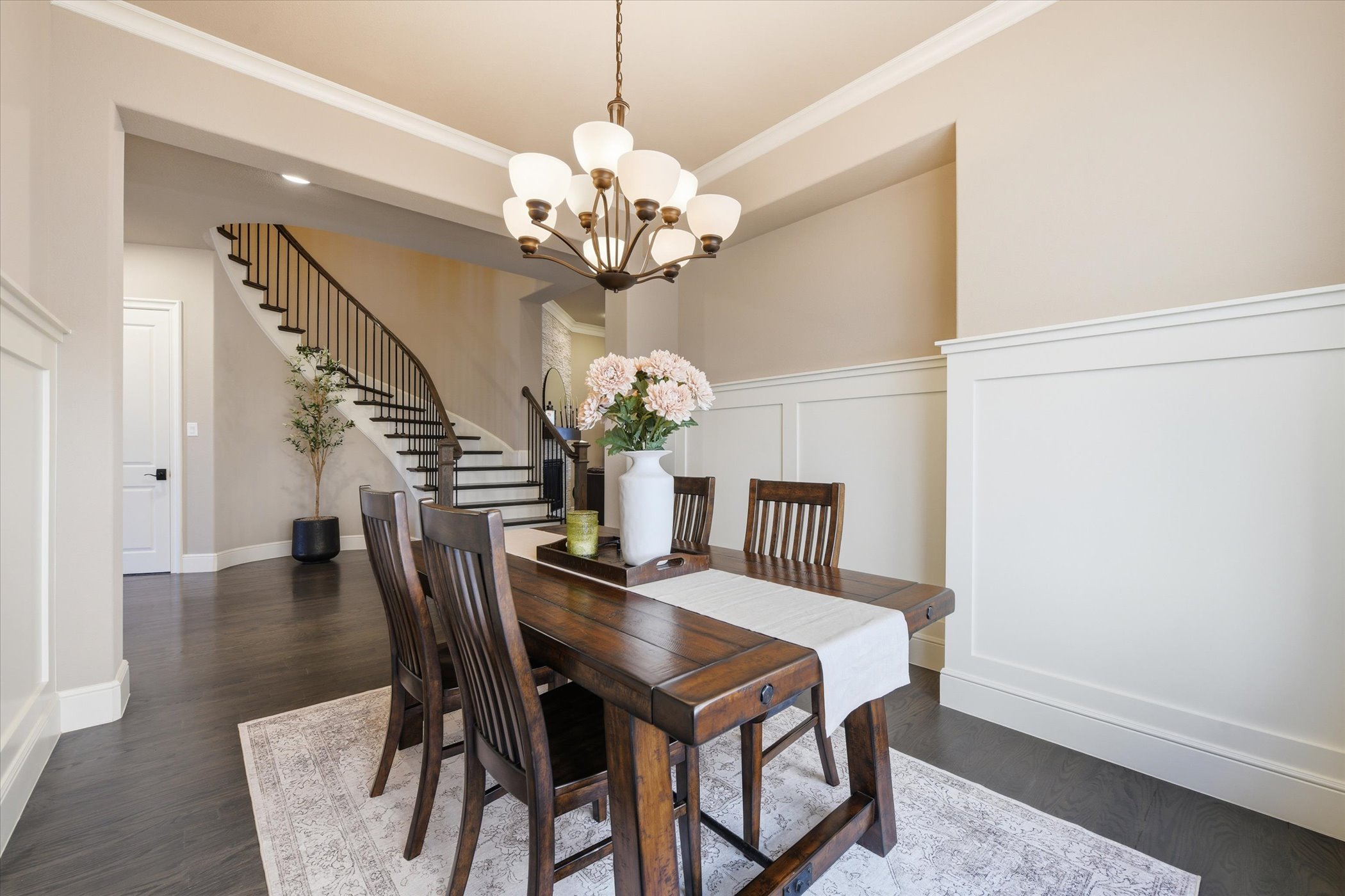 Formal dining room with designer lighting